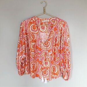 C&c California orange pink white floral paisley poet peasant blouse tassels M